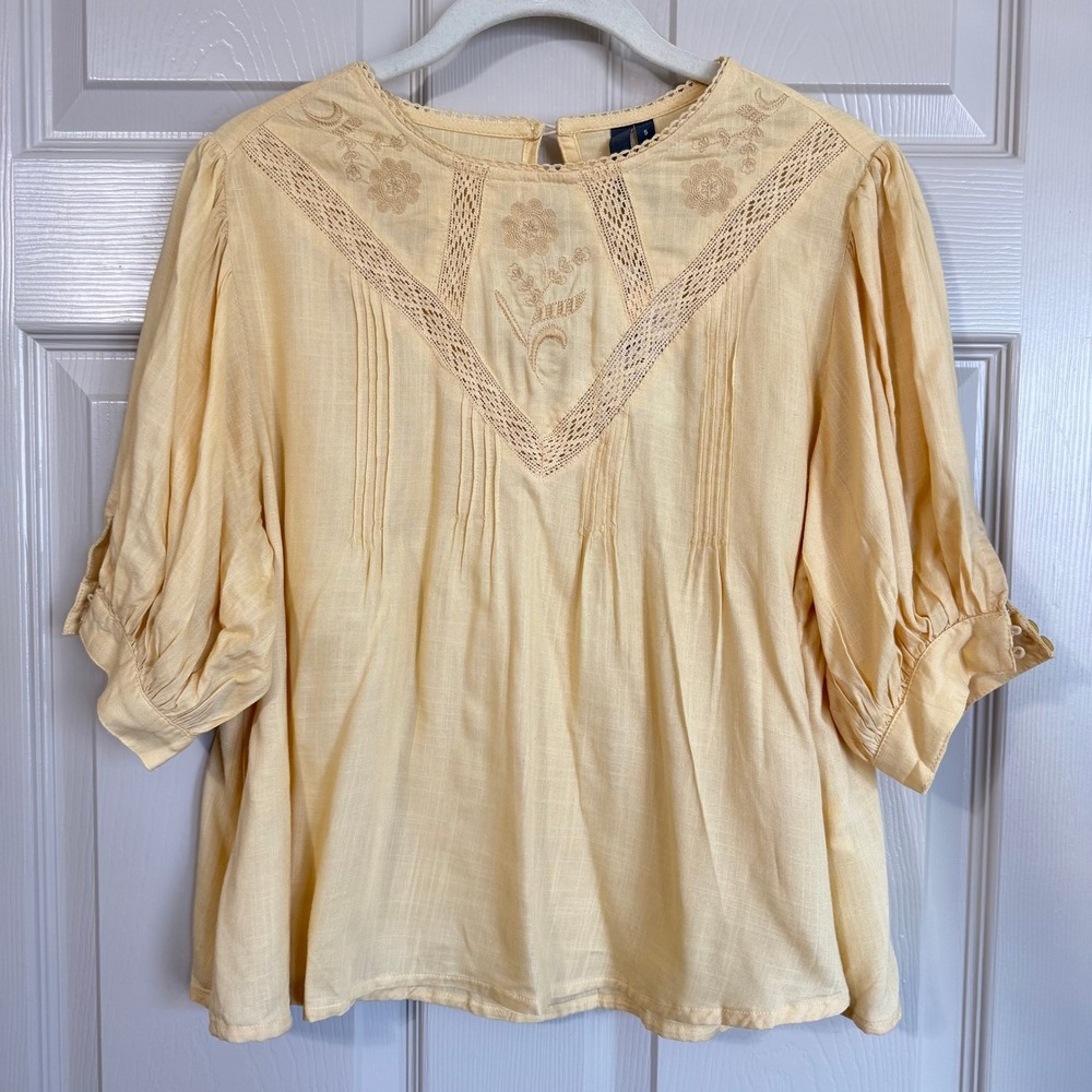 L.O.V. Butter Yellow Embroidered Lace Blouse S Boho Puff Sleeve Cottagecore